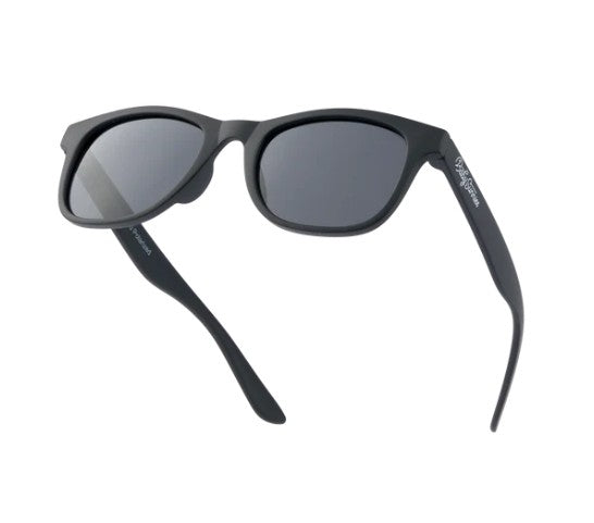 Black Kids Polarized Sunglasses UV Protection 3-8 Years by Baby Sunnies are displayed from a slightly angled perspective on a white background. The arms of these black-framed sunglasses curve downward and are open, offering stylish, polarized UV protection for children ages 3 to 8.