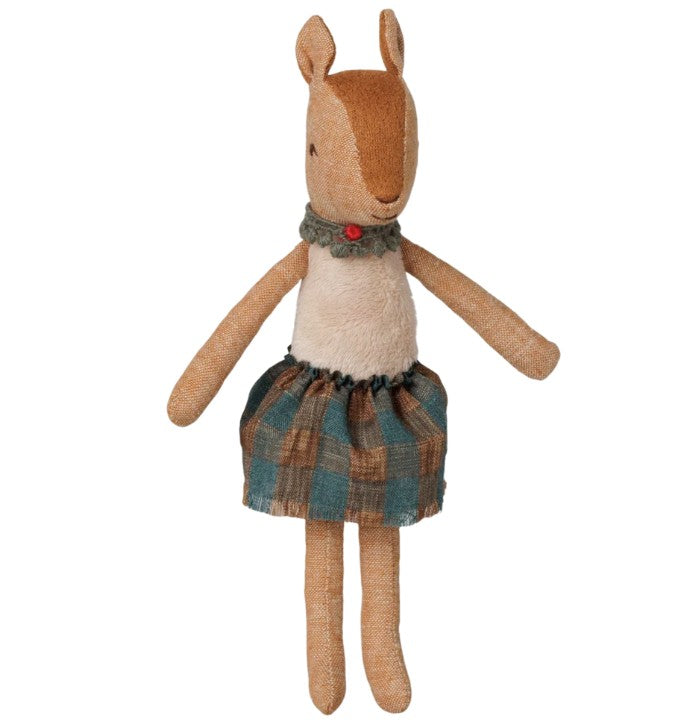 The Maileg Reindeer, Mother by Maileg is a tan stuffed animal resembling a deer, dressed in a green plaid skirt and a green collar with a red dot. Perfect for imaginative play and creating magical woodland stories, it stands out beautifully against a white background.