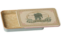 A small, rectangular Maileg Metal box with a sliding lid. Reminiscent of classic Maileg design, the blue lid is decorated with an illustration of an elephant and vintage-style text that reads “Jumbo Coins Portefeuille Limited Edition,” making it a charming decorative storage box for tiny treasures.