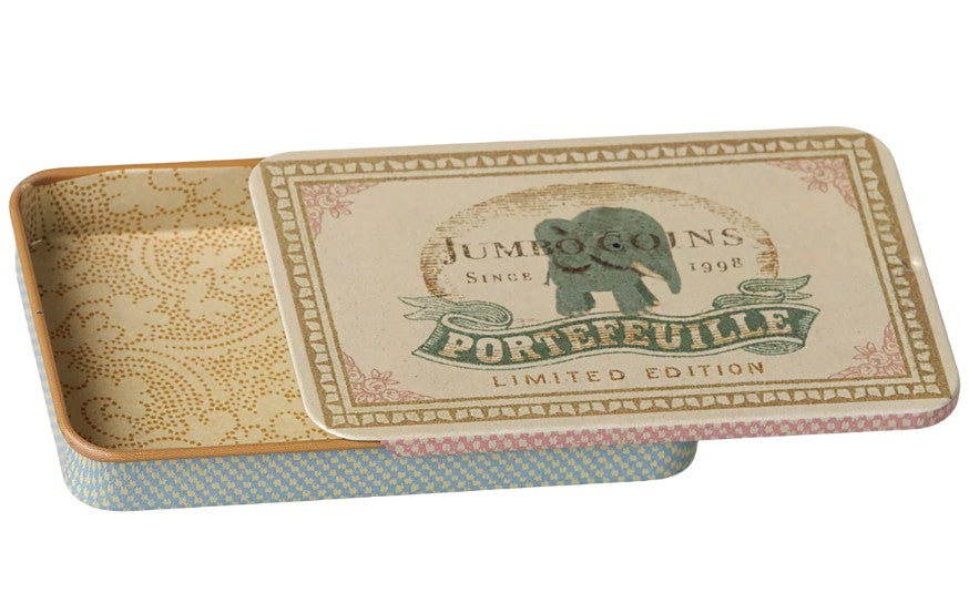 A small, rectangular Maileg Metal box with a sliding lid. Reminiscent of classic Maileg design, the blue lid is decorated with an illustration of an elephant and vintage-style text that reads “Jumbo Coins Portefeuille Limited Edition,” making it a charming decorative storage box for tiny treasures.