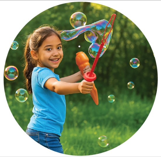 A young girl in a blue shirt smiles while making giant bubbles outdoors with the South Beach Bubbles Unspillables Bubble Warriorz, standing on green grass with trees behind her as several bubbles float around for carefree play.
