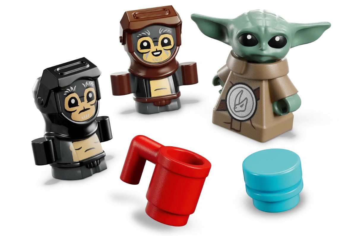 Three LEGO figures from the LEGO 75445 Anzellan Starship set stand with a red cup and a blue round piece on a white background.