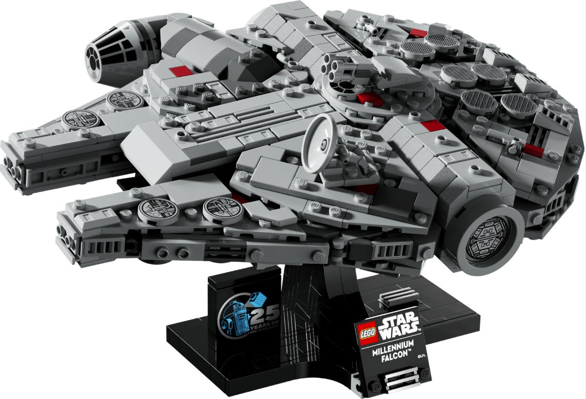 Celebrating 25 years of LEGO Star Wars, the LEGO Millennium Falcon comes with a display stand featuring a special anniversary badge and a nameplate labeled "Millennium Falcon.