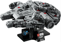 Celebrating 25 years of LEGO Star Wars, the LEGO Millennium Falcon comes with a display stand featuring a special anniversary badge and a nameplate labeled "Millennium Falcon.