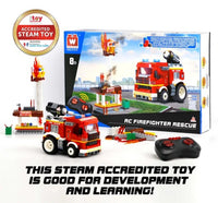 Alpha Toys Firetruck by Alpha Toys—comes with firetruck, controller, and building blocks. Features STEAM Accredited Toy badge. Text reads: The Alpha Toys Firetruck is a STEAM accredited toy that inspires development and learning! Ideal for rescue-themed adventures and exciting RC play.