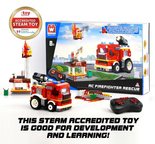 Alpha Toys Firetruck by Alpha Toys—comes with firetruck, controller, and building blocks. Features STEAM Accredited Toy badge. Text reads: The Alpha Toys Firetruck is a STEAM accredited toy that inspires development and learning! Ideal for rescue-themed adventures and exciting RC play.