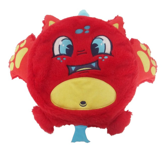 Meet Zipper, the 10" Fart Monster by Scentco—a cherry-scented round red plush with blue eyes, a surprised expression, blue spots on its forehead, small ears, yellow paws and belly, and a playful blue tail. This unique stuffed toy is a delightful gift for plush lovers!.