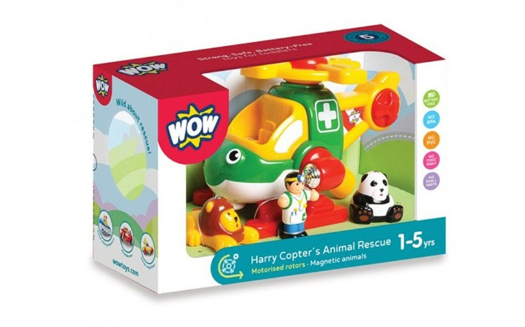 The Smart Toys Harry Copters Animal Rescue playset includes a green and yellow helicopter, pilot, lion, and panda. This animal rescue toy is perfect for children ages 1–5.