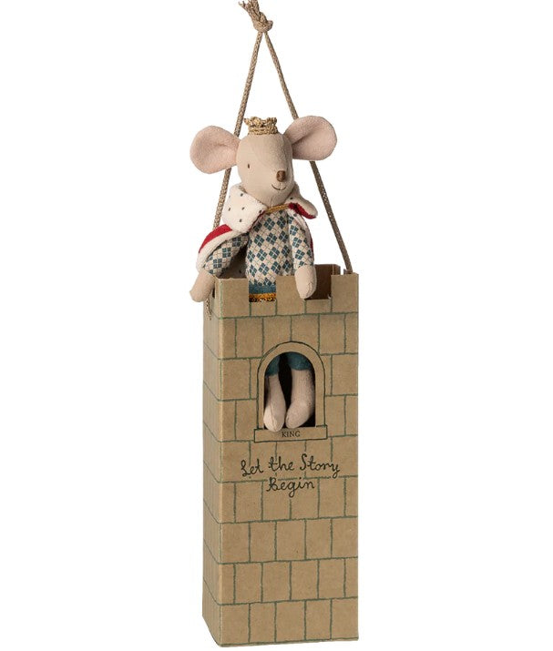 Maileg’s King Mouse, Dad wears a crown and cape and sits in a cardboard castle tower labeled "Let the Story Begin," hanging by a rope—perfect for magical fairy-tale adventures.
