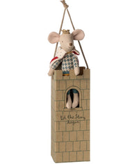 Maileg’s King Mouse, Dad wears a crown and cape and sits in a cardboard castle tower labeled "Let the Story Begin," hanging by a rope—perfect for magical fairy-tale adventures.