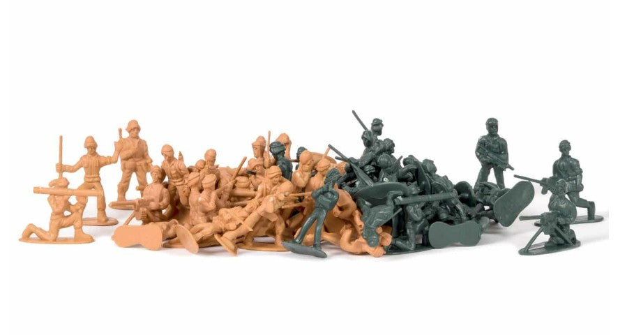 A group of tan and green plastic army men from the Schylling Toys Retro Mini Soldier 60 Pack is arranged in lifelike battle poses—including standing, kneeling, and lying down—each holding rifles and various weapons against a white background, making them perfect for imaginative pretend play adventures.