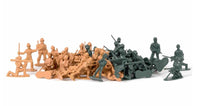 A group of tan and green plastic army men from the Schylling Toys Retro Mini Soldier 60 Pack is arranged in lifelike battle poses—including standing, kneeling, and lying down—each holding rifles and various weapons against a white background, making them perfect for imaginative pretend play adventures.