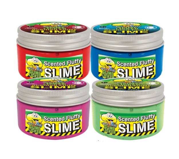 Four vibrant jars of License 2 Play’s Toxic Waste Slime Licker Scented Fluffy Slime, each with a cartoon face on the lid, are arranged in two rows. The jars come in red, blue, pink, and green—each one labeled “Toxic Waste Slime Licker Scented Fluffy Slime.” Perfect for sensory play, these colorful containers are sure to delight slime enthusiasts—just don’t confuse them with real Toxic Waste Slime Lickers!.