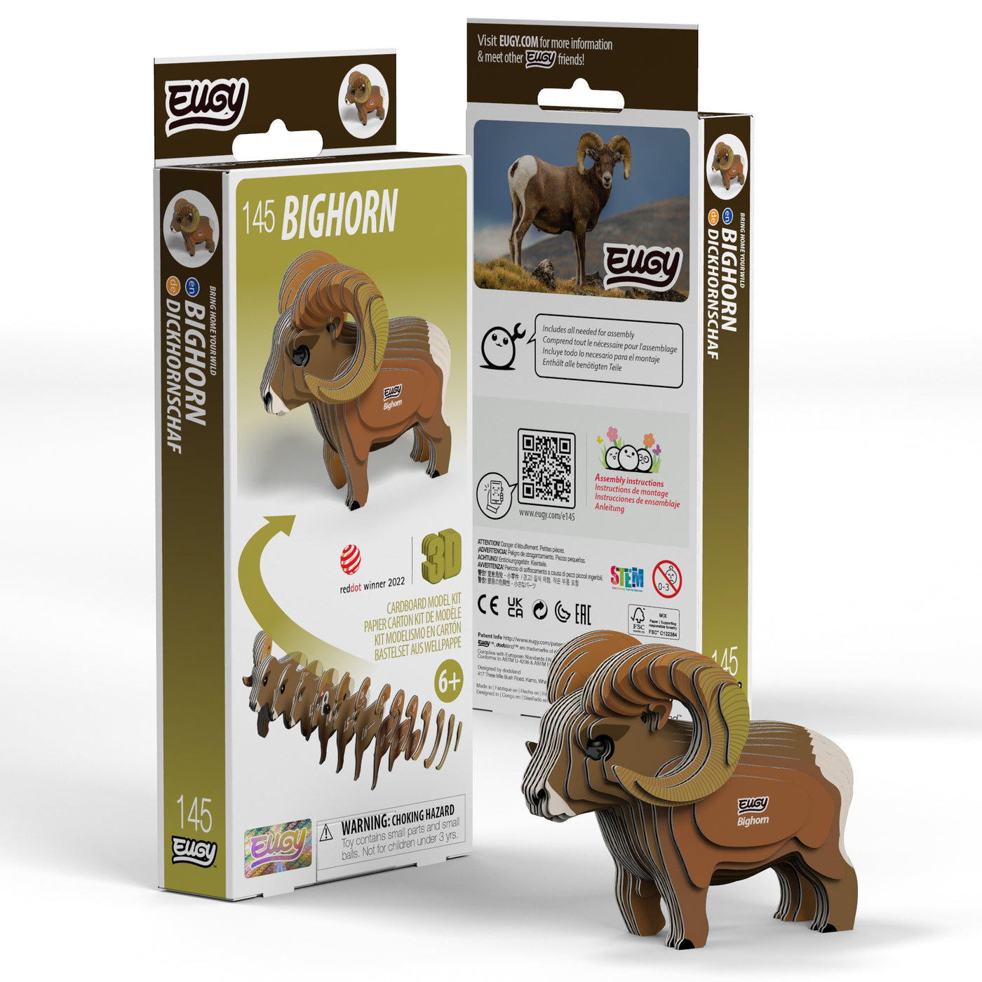 A partially assembled EUGY Bighorn 3D Puzzle by Eugy stands in front of its packaging, which displays the finished bighorn sheep model, product details, safety warnings, and an image of a real bighorn sheep.