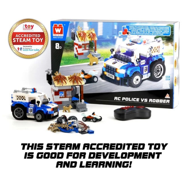 Introducing the Alpha Toys Police Car, a STEAM-accredited building set by Alpha Toys. This exciting kit offers action-packed patrol adventures between police and robbers, featuring a highly detailed police car, minifigures, remote control, and rescue mission accessories. The set comes in an eye-catching box with the official STEAM accreditation badge displayed in the background.