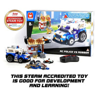 Introducing the Alpha Toys Police Car, a STEAM-accredited building set by Alpha Toys. This exciting kit offers action-packed patrol adventures between police and robbers, featuring a highly detailed police car, minifigures, remote control, and rescue mission accessories. The set comes in an eye-catching box with the official STEAM accreditation badge displayed in the background.