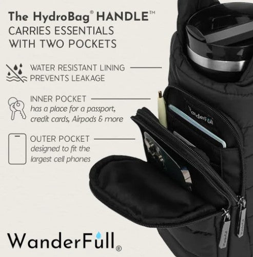A black HydroBag Handle by Wander Full Brand is shown with two pockets: one securing a tumbler, the other open and holding a passport, cards, and pen. Designed for durability with a water-resistant lining, it demonstrates versatile pocket functionality. The “WanderFull” logo appears at the bottom.