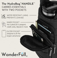 A black HydroBag Handle by Wander Full Brand is shown with two pockets: one securing a tumbler, the other open and holding a passport, cards, and pen. Designed for durability with a water-resistant lining, it demonstrates versatile pocket functionality. The “WanderFull” logo appears at the bottom.