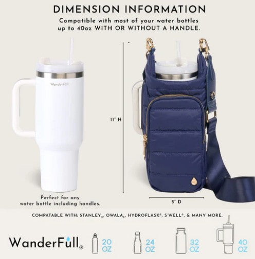 Side by side in the cup holders: one is empty and white, while the other holds a navy blue Wander Full Brand HydroBag with a strap and water bottle. Onscreen text highlights compatibility with bottles up to 40oz, whether they have handles or not—including replacement handles and the HydroBag Handle Navy from Wander Full Brand.
