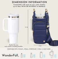 Side by side in the cup holders: one is empty and white, while the other holds a navy blue Wander Full Brand HydroBag with a strap and water bottle. Onscreen text highlights compatibility with bottles up to 40oz, whether they have handles or not—including replacement handles and the HydroBag Handle Navy from Wander Full Brand.