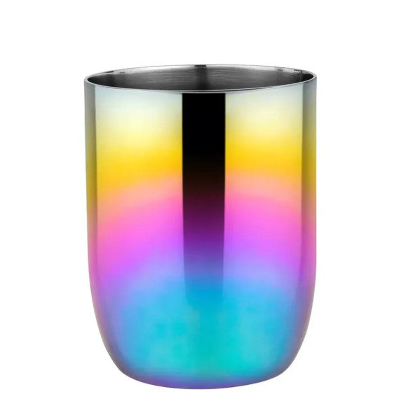 The ahimsa Rainbow Conscious Cup (8 oz) is a BPA-free, stainless steel toddler cup with a smooth, cylindrical shape and a shiny iridescent blue, pink, yellow, and purple gradient finish, displayed against a white background.