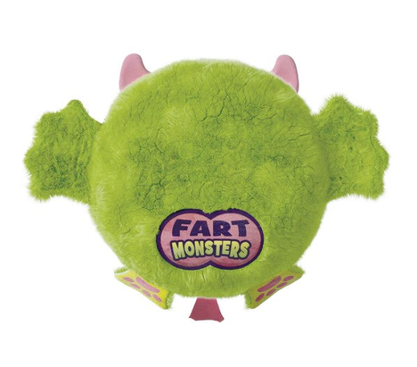 Introducing the 10" Fart Monsters: Fizzler (Lemon Lime) plush toy from Scentco—a round, fuzzy green monster with pink horns, green wings, and a "Fart Monsters" patch on its back. This adorable collectible is perfect for fans of quirky creatures and adds a playful touch to any collection.