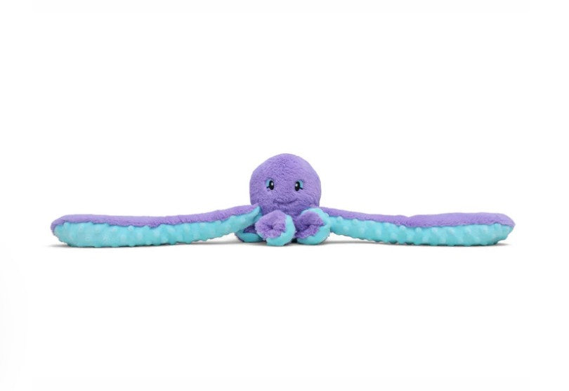 Hugarounds Indigo the Octopus by Hugimals World is a calming stuffed animal with a smiling face, purple and blue colors, and two long outstretched arms, shown lying on a white background.