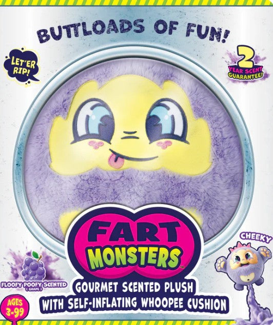 A 10" Scentco Fart Monsters plush toy named Cheeky, with a purple and yellow face, smiles inside its packaging. This humorous monster features a playful grape scent, a built-in whoopee cushion, and is suitable for ages 3–99—making it the perfect gift for kids who love silly surprises.