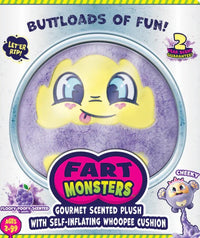 A 10" Scentco Fart Monsters plush toy named Cheeky, with a purple and yellow face, smiles inside its packaging. This humorous monster features a playful grape scent, a built-in whoopee cushion, and is suitable for ages 3–99—making it the perfect gift for kids who love silly surprises.