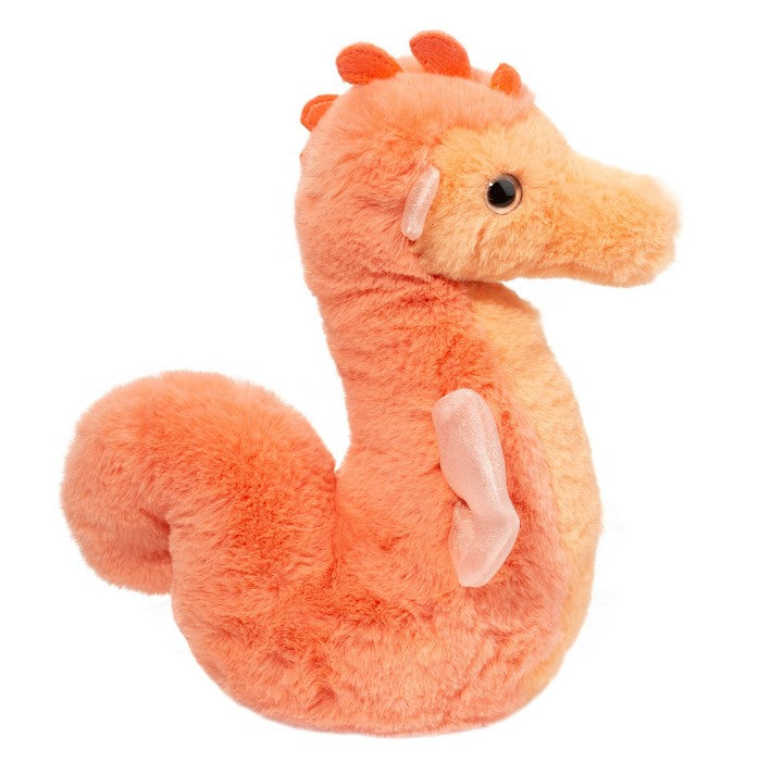 The Sherbet Seahorse by Douglas is a plush toy shaped like a seahorse, featuring soft orange fur, small fabric fins, a curled tail, and a round black eye—an adorable addition to any stuffed animal collection.