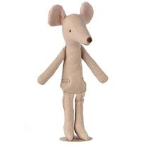 The Maileg Stand, Medium - Mouse Sand by Maileg is a light beige plush mouse with large pink ears, a pointed snout, stitched eyes, and a minimalist design—ideal for dollhouse accessories or miniature displays.
