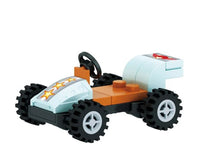 The Alpha Toys Police Car by Alpha Toys features four black wheels, an orange seat, a black steering wheel, and star decals on the hood—perfect for patrol adventures and exciting rescue missions.