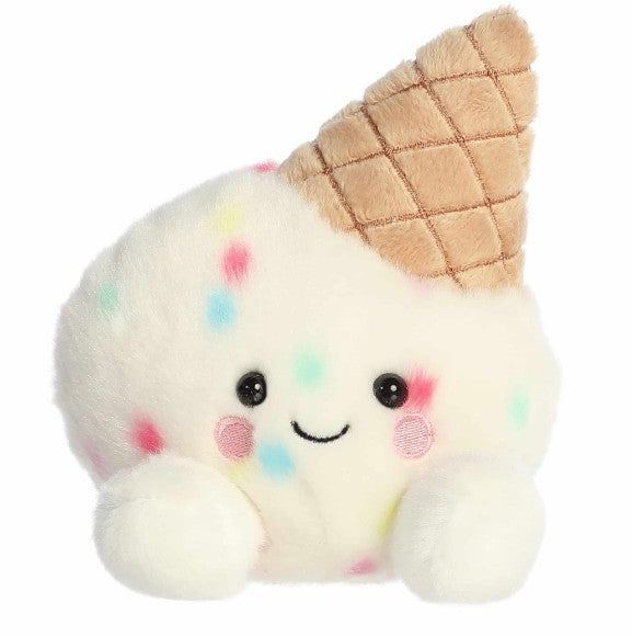 The Aurora 5" Sprinkle Ice Cream plush is a charming collectible stuffed toy shaped like a scoop of ice cream with rainbow sprinkles, featuring a tan waffle cone on top, black eyes, pink cheeks, a small smile, and two fluffy arms—perfect for adding delight to any collection.