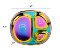The ahimsa Rainbow Balanced Bites Compartment Plates (Pack of 4) feature colorful, iridescent stainless steel with four labeled sections—12 oz, 4 oz, and 2 oz—for portion control. Each plate measures 9.7" x 8.4" x 1.1".