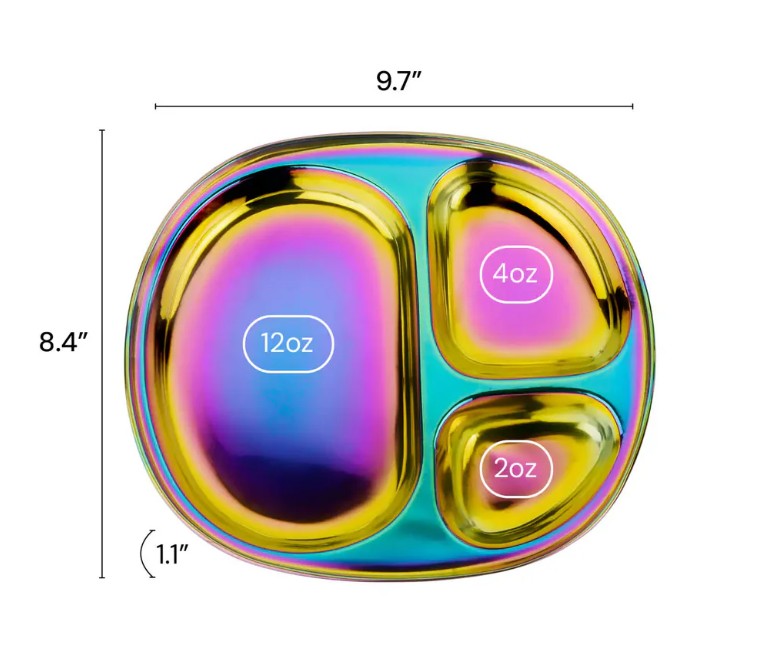 The ahimsa Rainbow Balanced Bites Compartment Plates (Pack of 4) feature colorful, iridescent stainless steel with four labeled sections—12 oz, 4 oz, and 2 oz—for portion control. Each plate measures 9.7" x 8.4" x 1.1".