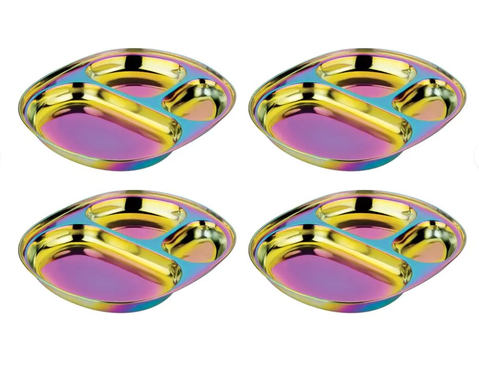 Four ahimsa Rainbow Balanced Bites Compartment Plates, stainless steel with iridescent yellow, pink, and blue hues, each featuring three sections for portion control, are arranged in a two-by-two grid on a white background.