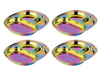 Four ahimsa Rainbow Balanced Bites Compartment Plates, stainless steel with iridescent yellow, pink, and blue hues, each featuring three sections for portion control, are arranged in a two-by-two grid on a white background.