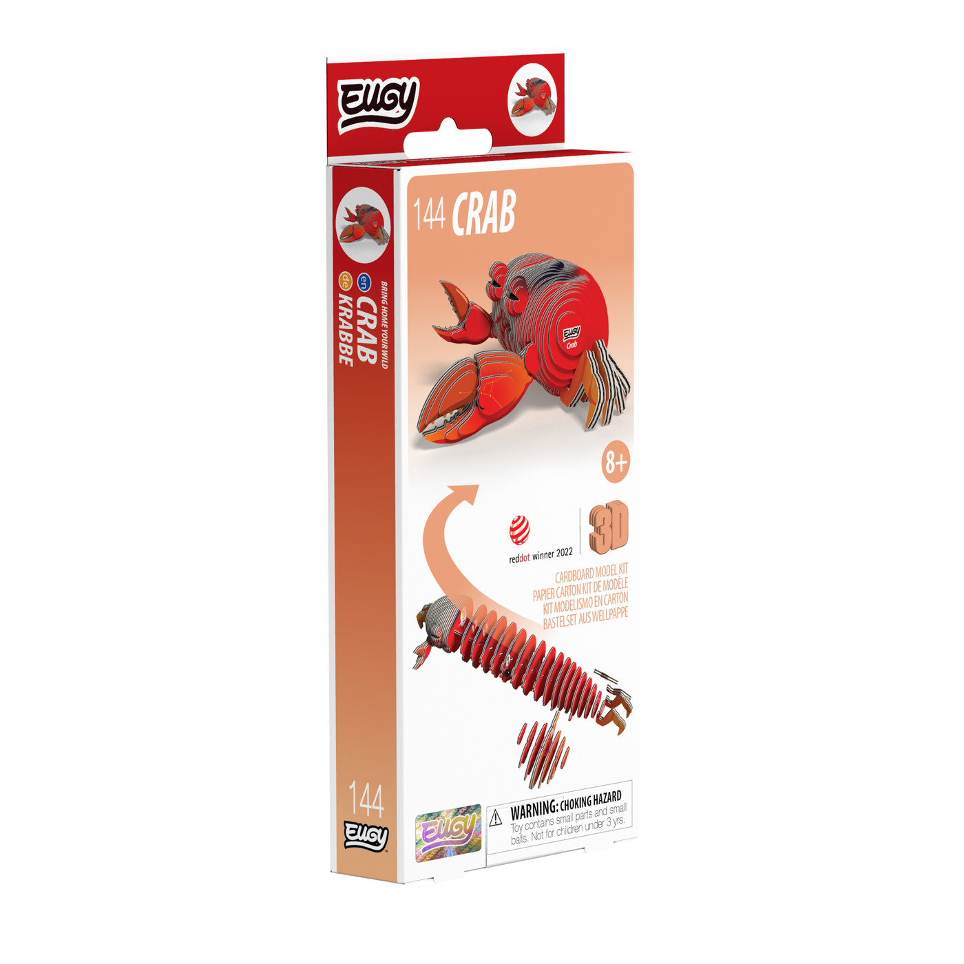 The EUGY Crab 3D Puzzle by Eugy is an eco-friendly cardboard puzzle kit for building a red crab model. This fun STEM craft kit comes in a box featuring illustrations of the completed crab and the step-by-step assembly process. Designed for ages 8 and up.