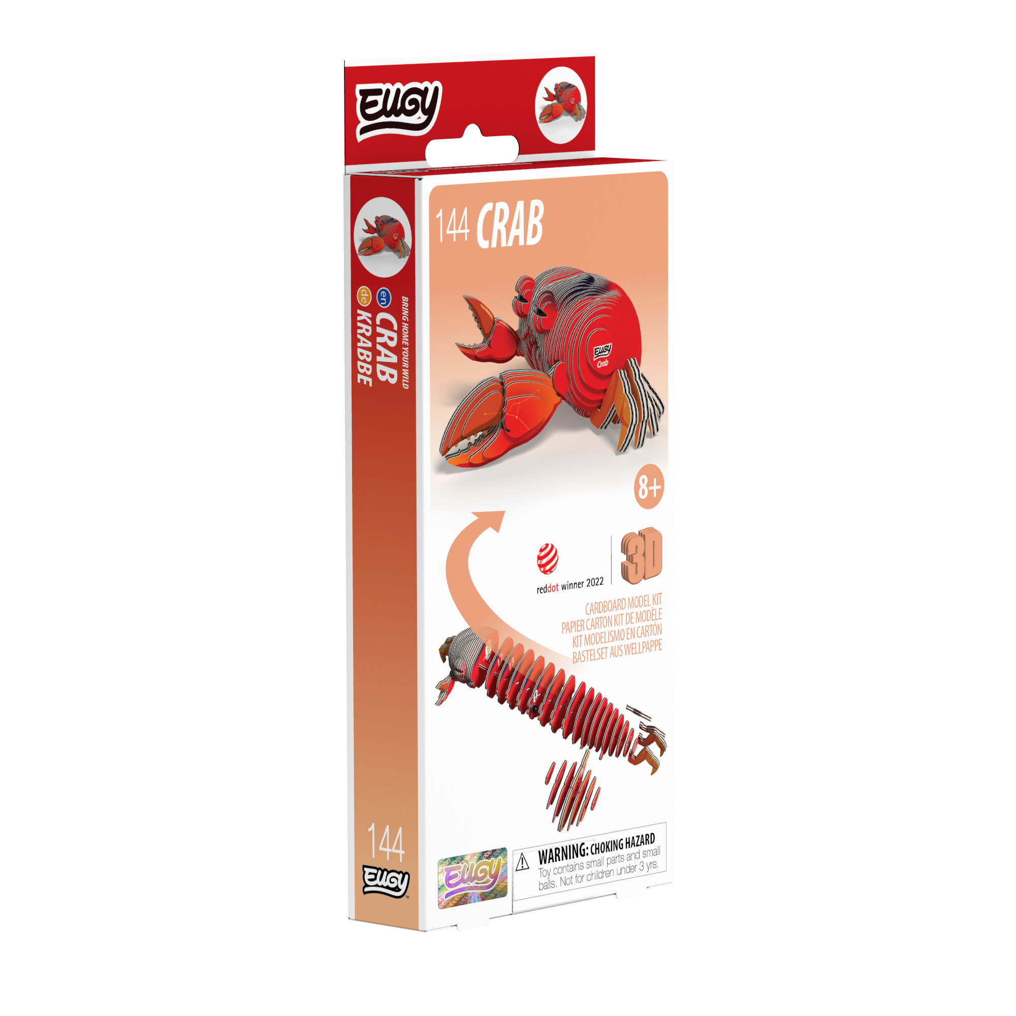 The EUGY Crab 3D Puzzle by Eugy is an eco-friendly cardboard puzzle kit for building a red crab model. This fun STEM craft kit comes in a box featuring illustrations of the completed crab and the step-by-step assembly process. Designed for ages 8 and up.