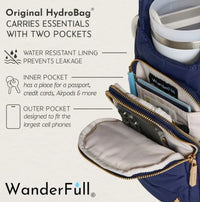 A navy HydroBag Handle Navy by Wander Full Brand with two open pockets displays a bottle, passport, credit cards, and phone. The text highlights its water-resistant lining, an inner pocket for valuables, and an outer pocket sized for large cell phones. Designed for easy carrying with the convenient Navy HydroBag Handle and finished with the WanderFull logo at the bottom.