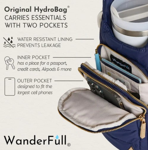 A navy HydroBag Handle Navy by Wander Full Brand with two open pockets displays a bottle, passport, credit cards, and phone. The text highlights its water-resistant lining, an inner pocket for valuables, and an outer pocket sized for large cell phones. Designed for easy carrying with the convenient Navy HydroBag Handle and finished with the WanderFull logo at the bottom.