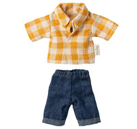Maileg Dad Mouse doll clothes by Maileg include a yellow and white checked long-sleeve shirt and blue denim jeans, ideal for imaginative play and dollhouse storytelling. Shown on a white background.