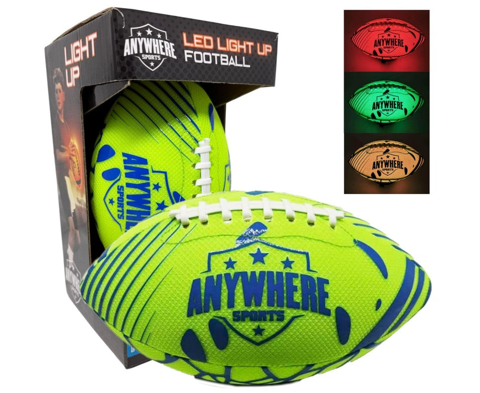 A Pro Glow Light-Up Football Size 6 by Thin Air Brands, LLC is shown in its packaging, featuring neon yellow and blue colors. An inset displays the football glowing red, green, and orange in the dark.