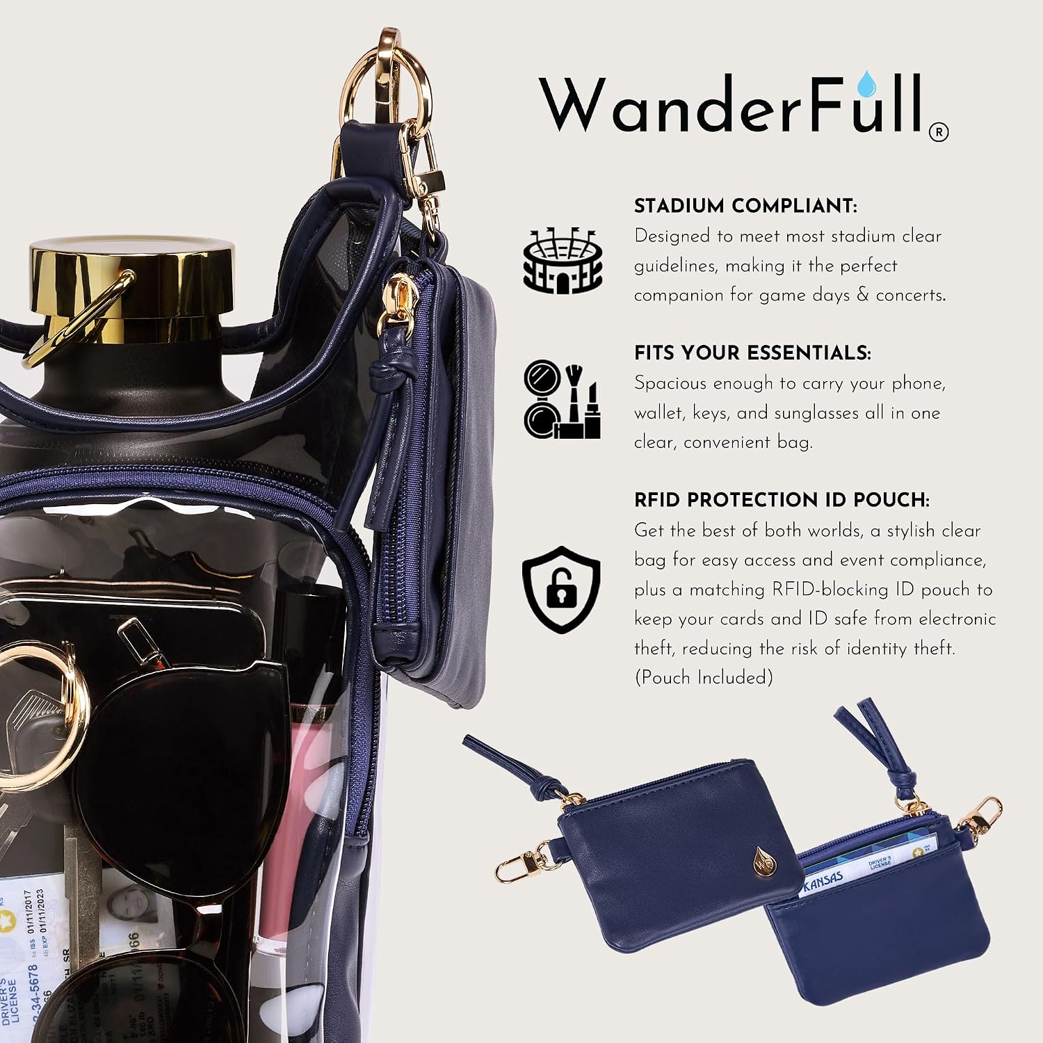 Introducing the Wander Full Brand Clear Stadium HydroBag Navy—a stadium-compliant clear bag with navy trim, designed to fit essentials like sunglasses, makeup, and cards. This innovative crossbody hydrobag features a built-in water bottle holder for ultimate convenience and comes with a matching blue RFID-blocking ID pouch. Enjoy hassle-free entry with its stadium rules compliance, keep your valuables secure with RFID protection, and experience hands-free practicality wherever you go.