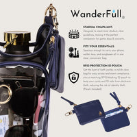 Introducing the Wander Full Brand Clear Stadium HydroBag Navy—a stadium-compliant clear bag with navy trim, designed to fit essentials like sunglasses, makeup, and cards. This innovative crossbody hydrobag features a built-in water bottle holder for ultimate convenience and comes with a matching blue RFID-blocking ID pouch. Enjoy hassle-free entry with its stadium rules compliance, keep your valuables secure with RFID protection, and experience hands-free practicality wherever you go.