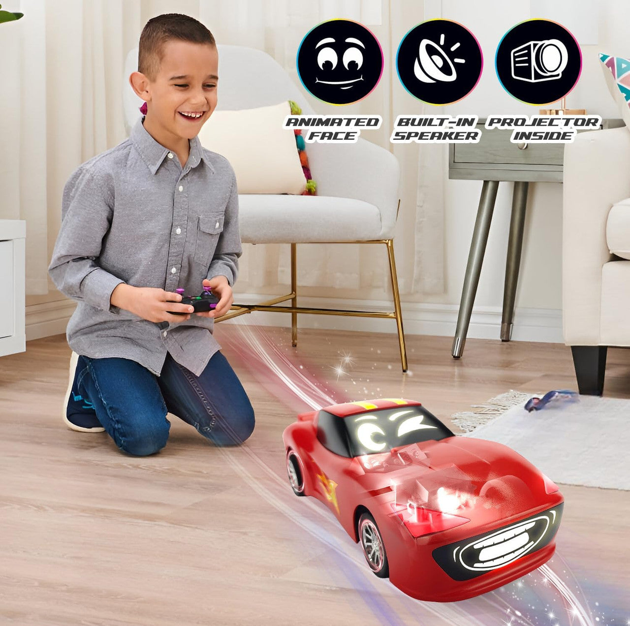 Animat3d Talking Animated RC Race Car with Built-in Projector & Speaker - RED