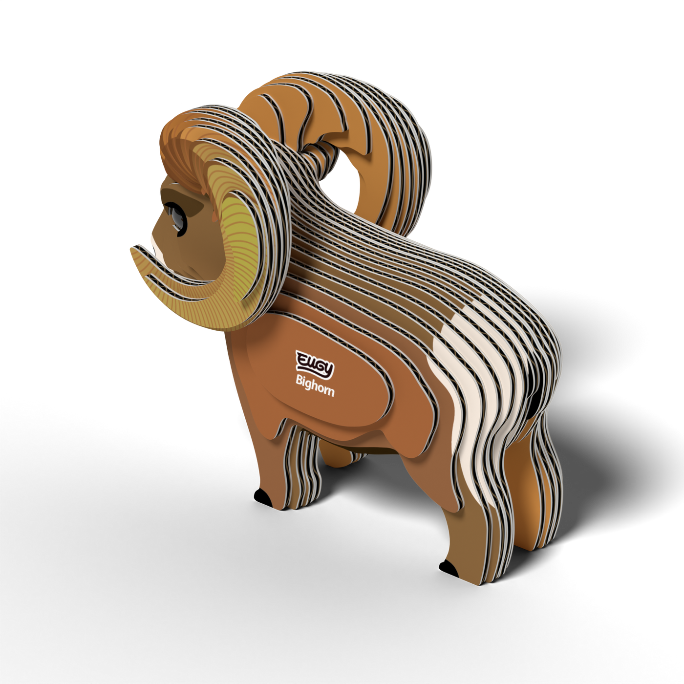 The EUGY Bighorn 3D Puzzle by Eugy is an eco-friendly toy crafted from layered, colored pieces with a “EUGY Bighorn” label on its side. This fun STEM craft is perfect for curious minds and looks striking standing on a white surface.
