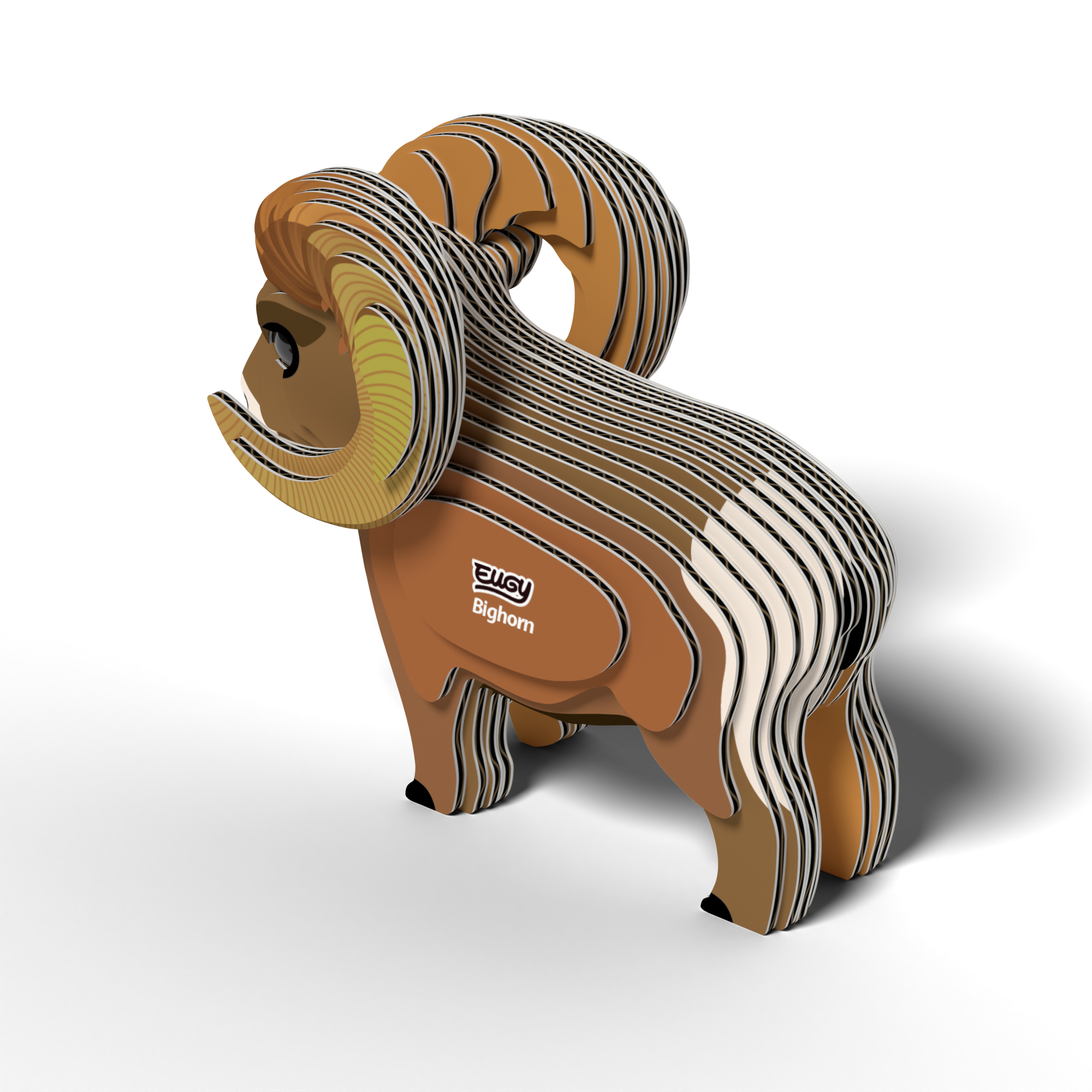 The EUGY Bighorn 3D Puzzle by Eugy is an eco-friendly toy crafted from layered, colored pieces with a “EUGY Bighorn” label on its side. This fun STEM craft is perfect for curious minds and looks striking standing on a white surface.