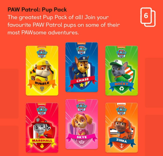The Yoto PAW Patrol Pup Pack by Yoto includes six colorful cards, each featuring a different PAW Patrol pup with their unique background and logo—perfect for sparking adventures on your Yoto Player!.