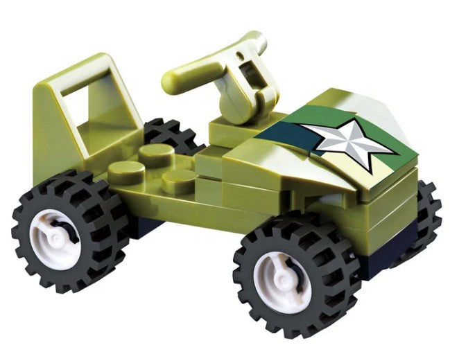 Take your imaginative military missions to new heights with the Alpha Toys Military Helicopter by Alpha Toys—a small green RC-style building block helicopter featuring realistic detailing, a spinning propeller, and a bold white star emblem, perfect for pairing with your favorite toy vehicles on adventurous playtime raids.